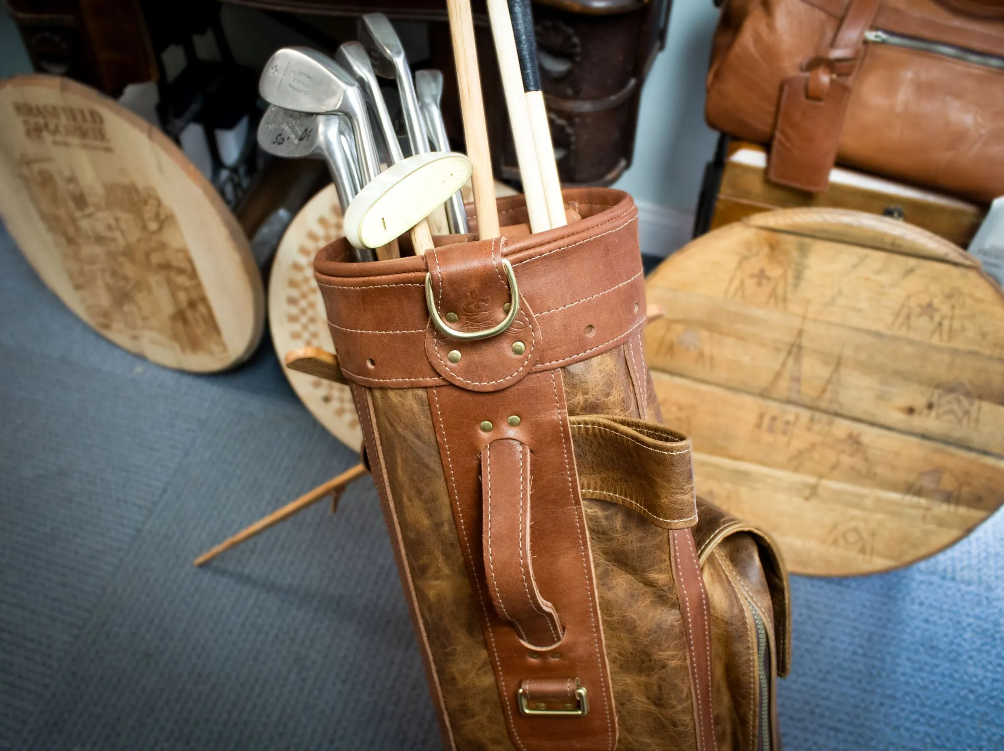 8 Premium Leather Airliner Style Golf Bag- Caramel Bison and Chestnut Leather Trim