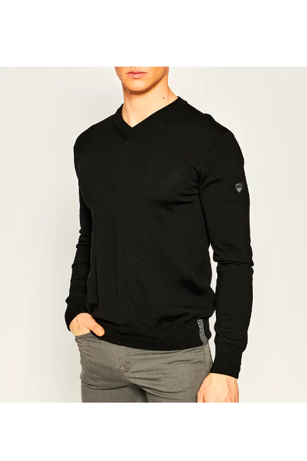 Armani EA7 Knitted V-Neck Shield Logo Jumper Black