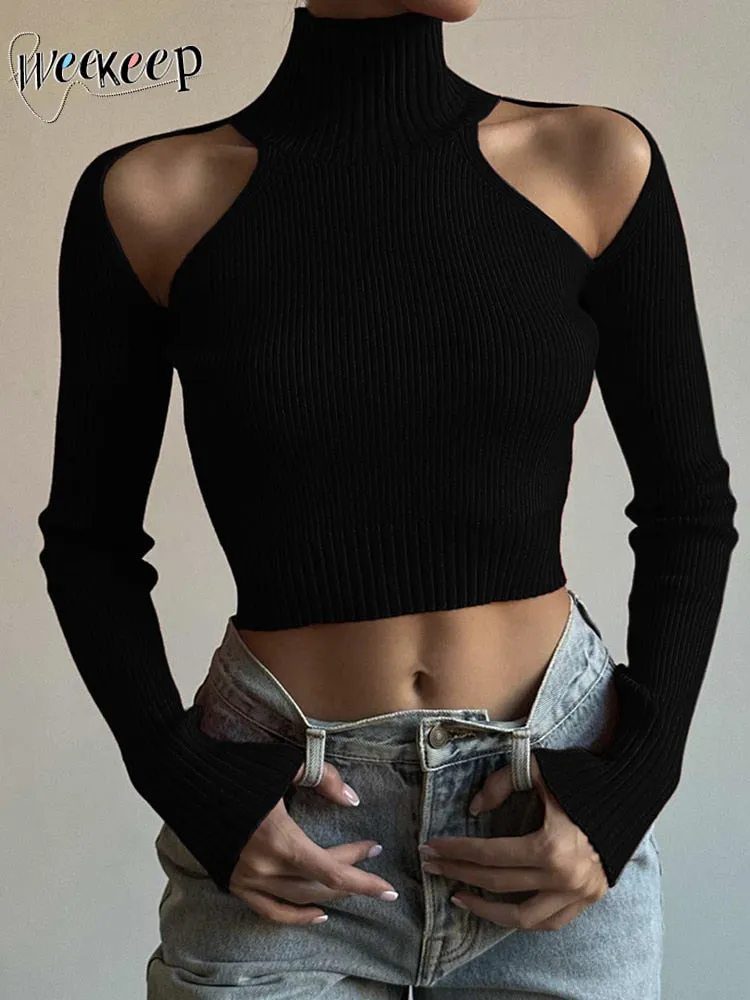 Basic Black Turtleneck Sweater Pullovers Hollow Out Off Shoulder Skinny Casual Sweaters Streetwear Women Knitwear Jumper