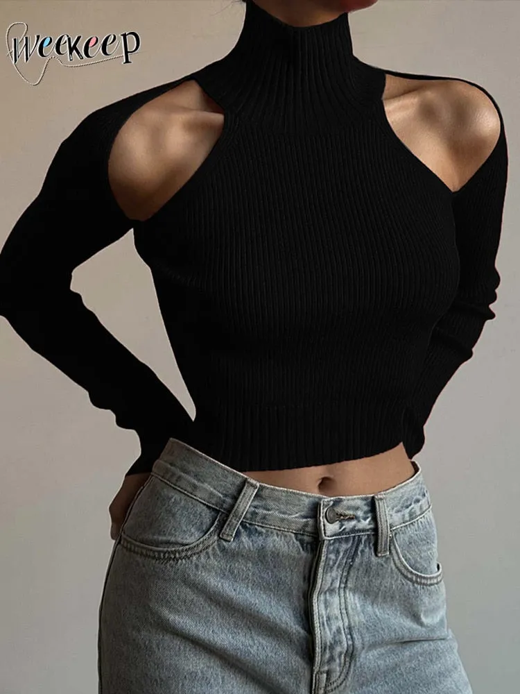 Basic Black Turtleneck Sweater Pullovers Hollow Out Off Shoulder Skinny Casual Sweaters Streetwear Women Knitwear Jumper