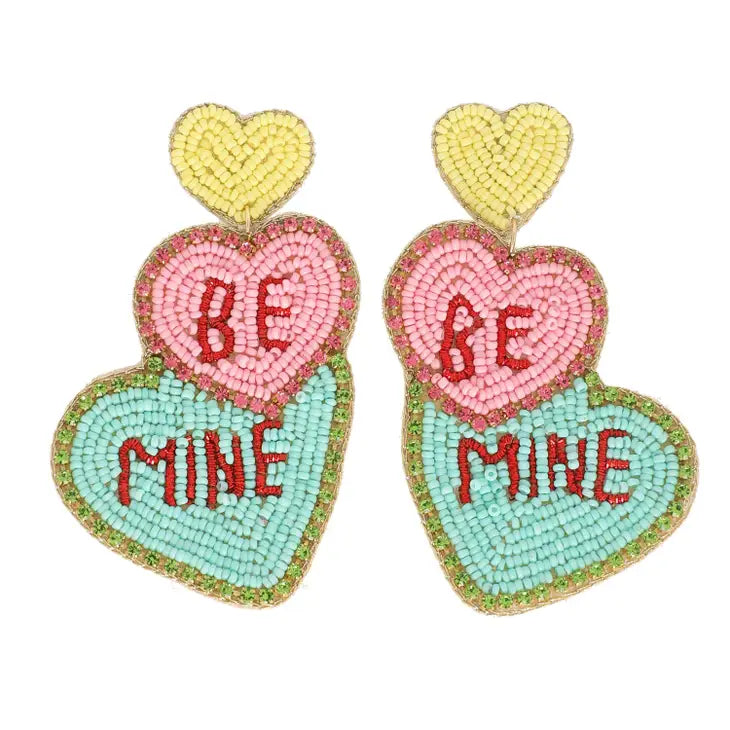 Be Mine Hearts Beaded Earrings - Mint