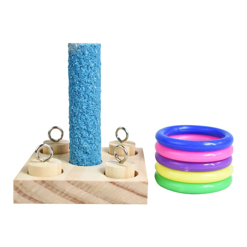 Bird Training Toys Set Wooden Block Puzzle Toys For Parrots Colorful Plastic Rings Intelligence Training Chew Toy Bird Supplies