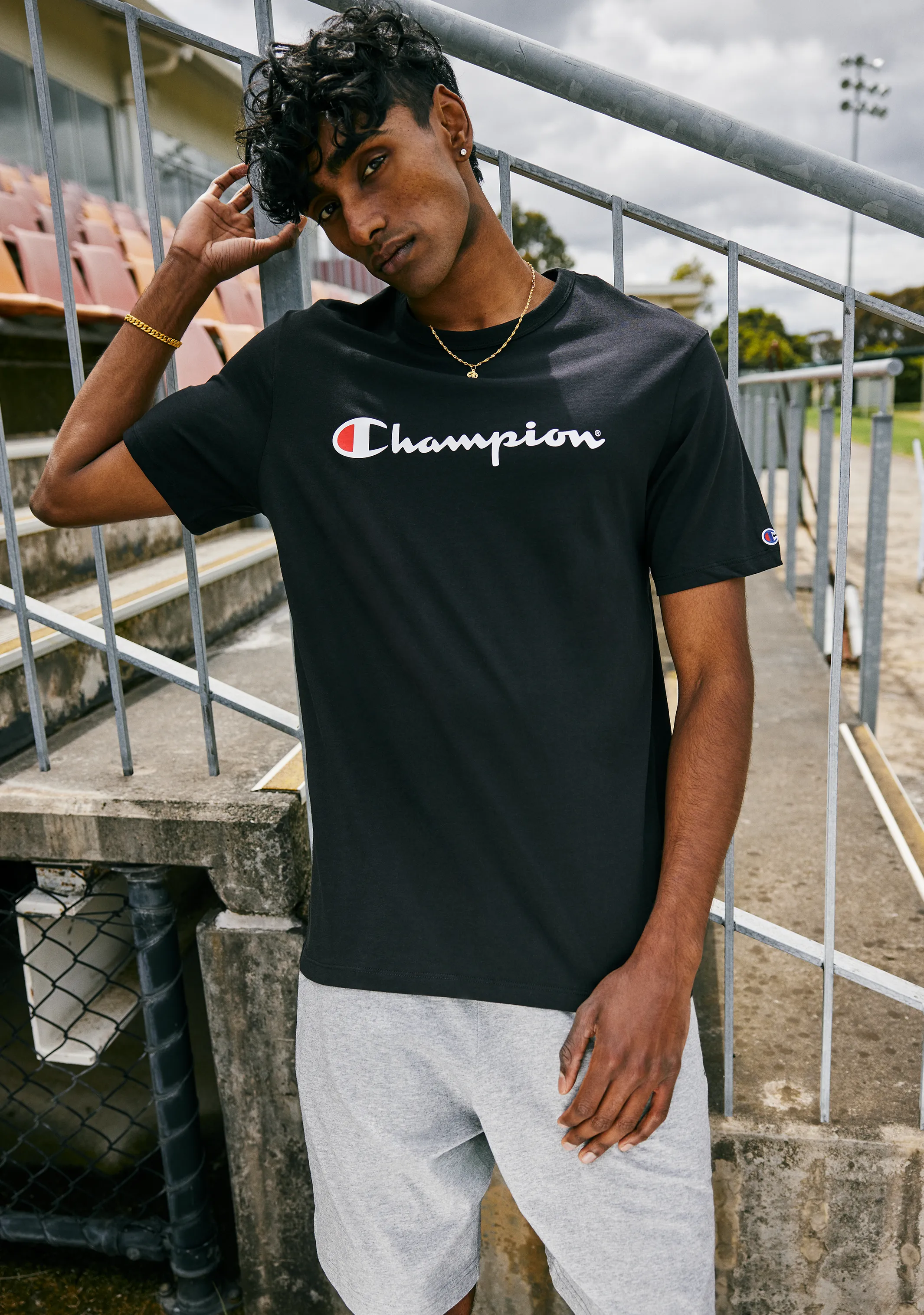 Champion Mens Script Logo Short Sleeve Tee Black <br> AXQPN BLK