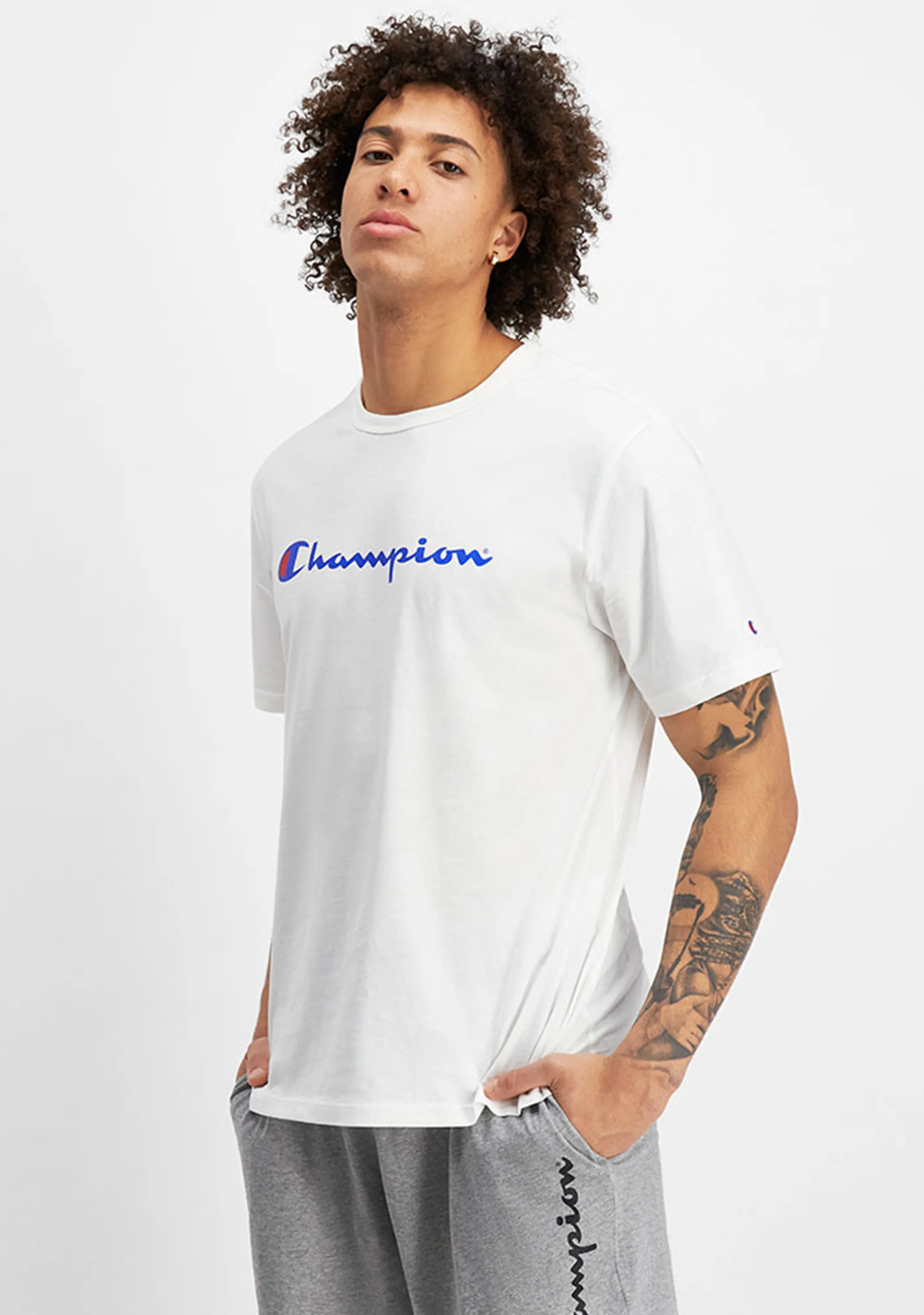 Champion Mens Script Logo Short Sleeve Tee White <br> AXQPN WIT