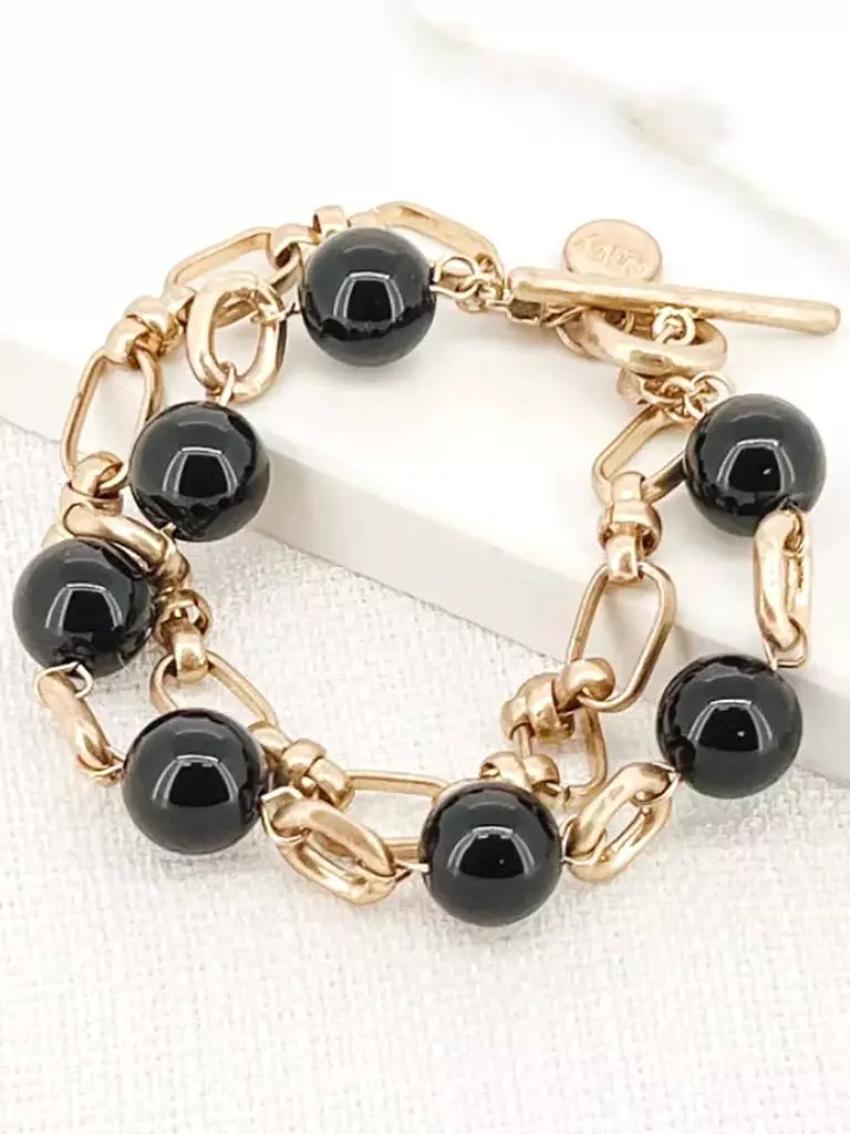 Envy Double Chain Link Bead Bracelet - Gold & Black