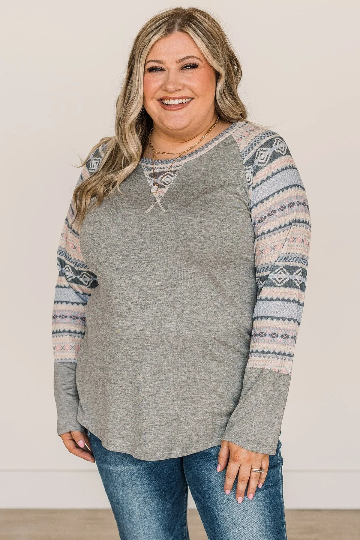 Fearless Looks Aztec Print Top- Heather Grey