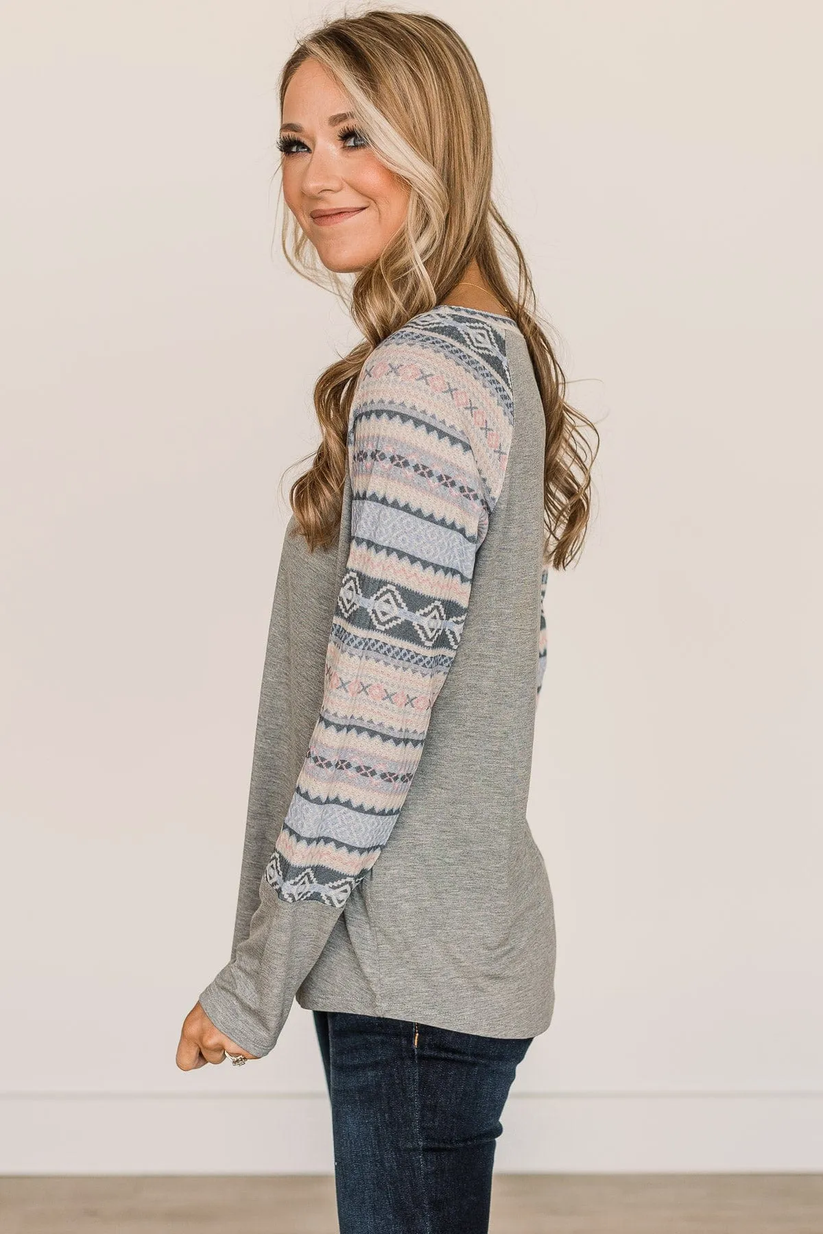 Fearless Looks Aztec Print Top- Heather Grey