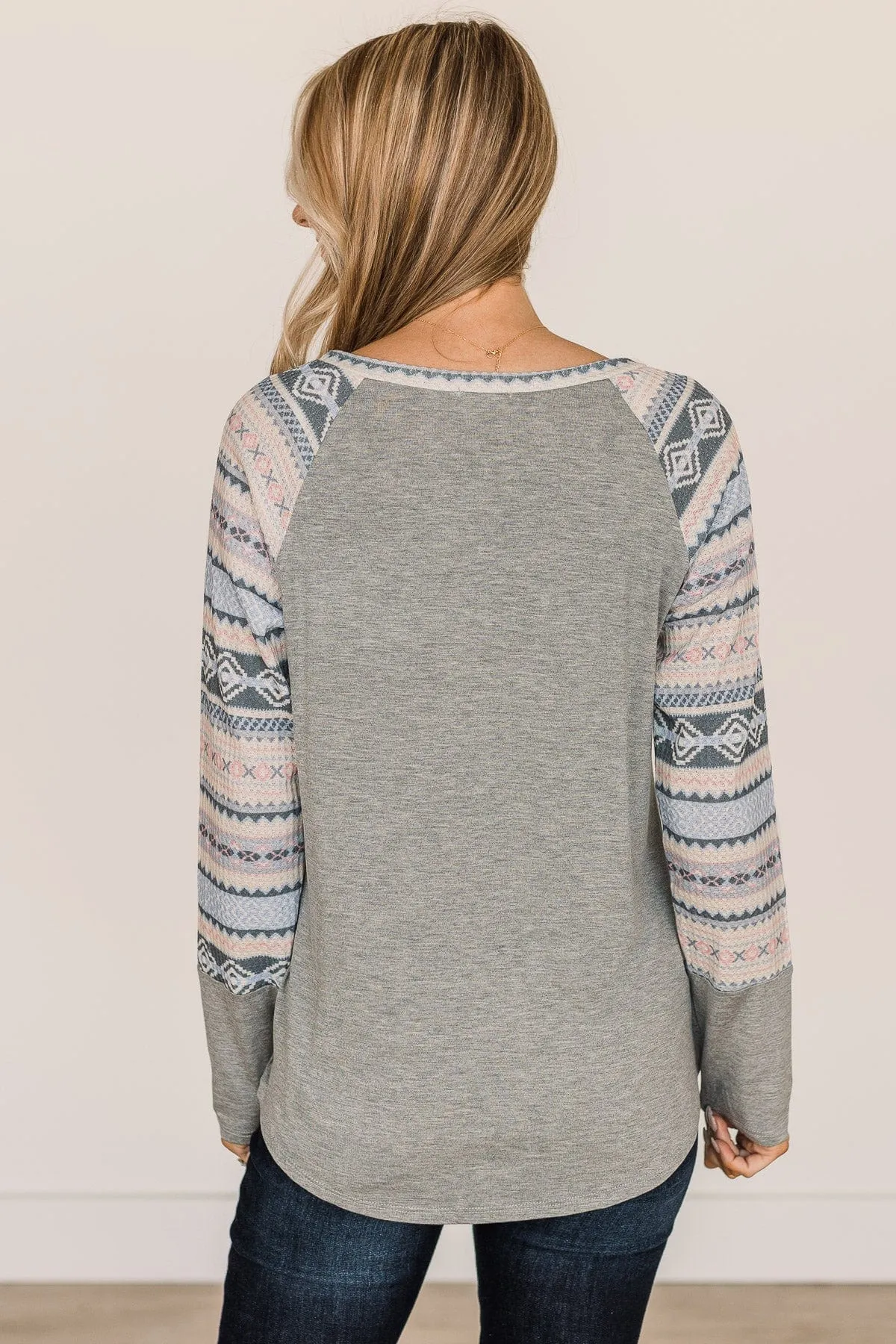 Fearless Looks Aztec Print Top- Heather Grey