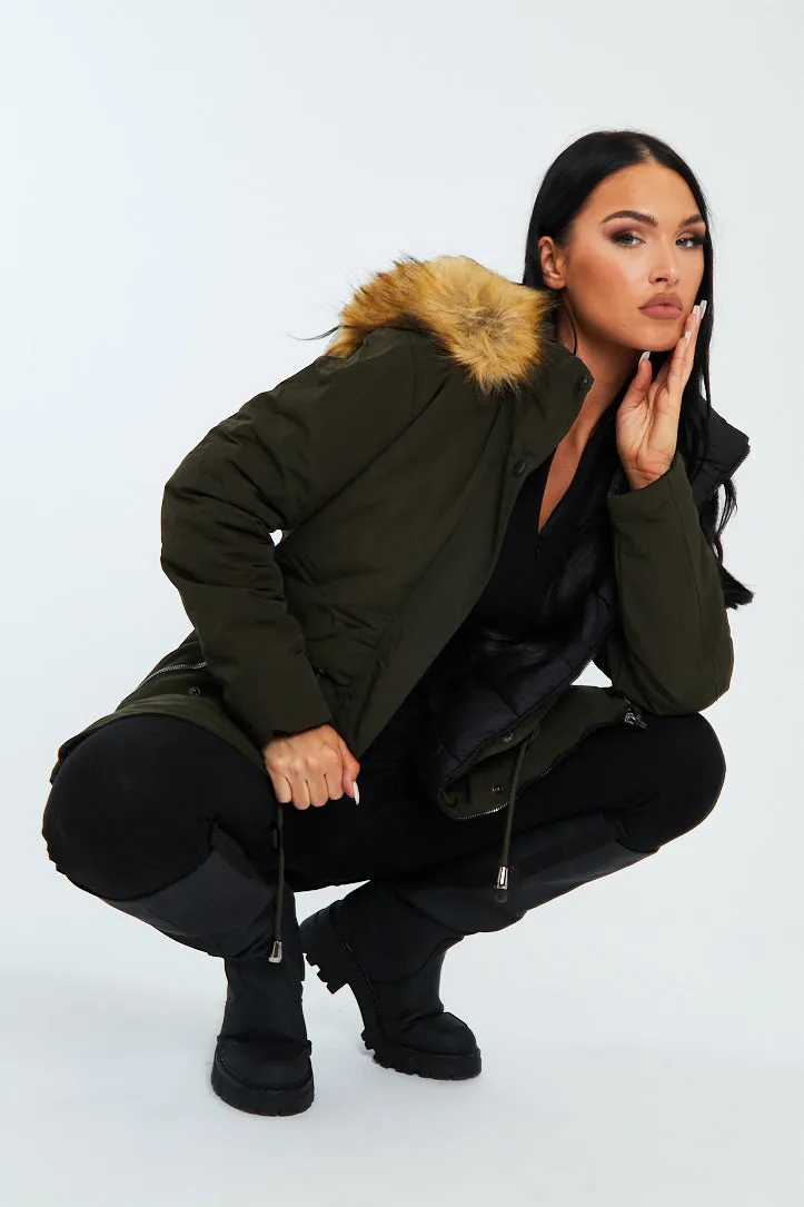 Khaki Black Reversible Fur Hood Parka Jacket - Cambri