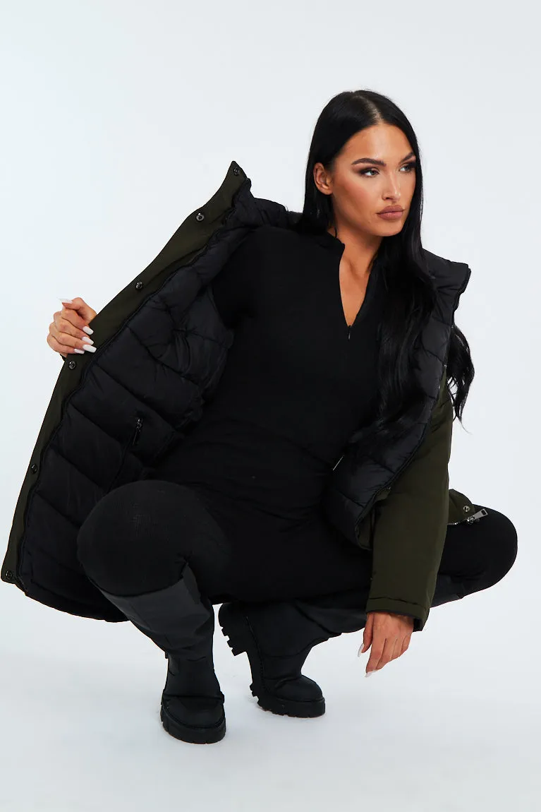 Khaki Black Reversible Fur Hood Parka Jacket - Cambri