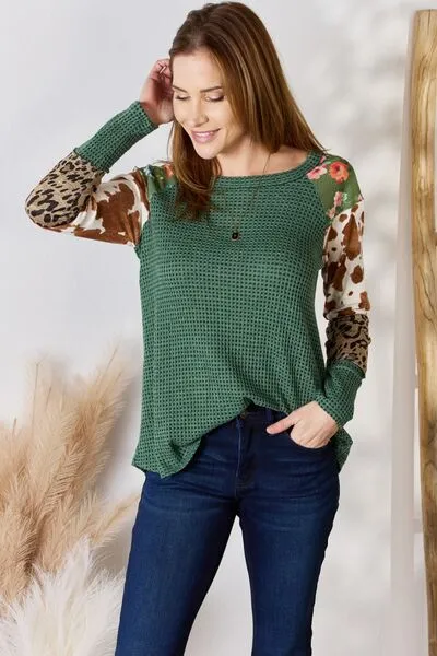 Mix it Up Waffle-Knit Top in Green