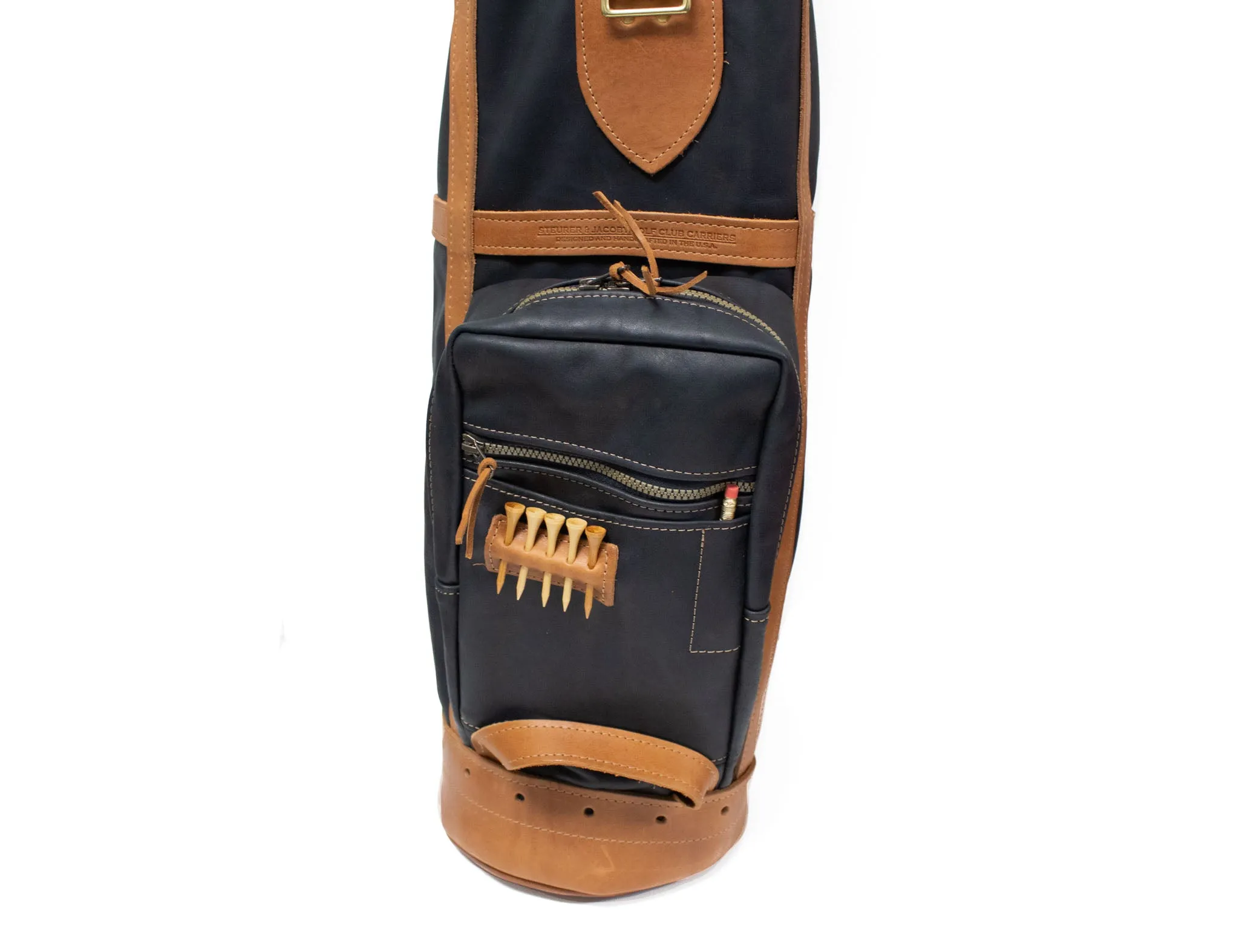 Premium Leather Classic Staff Golf Bag- Black Leather with Natural Leather Trim