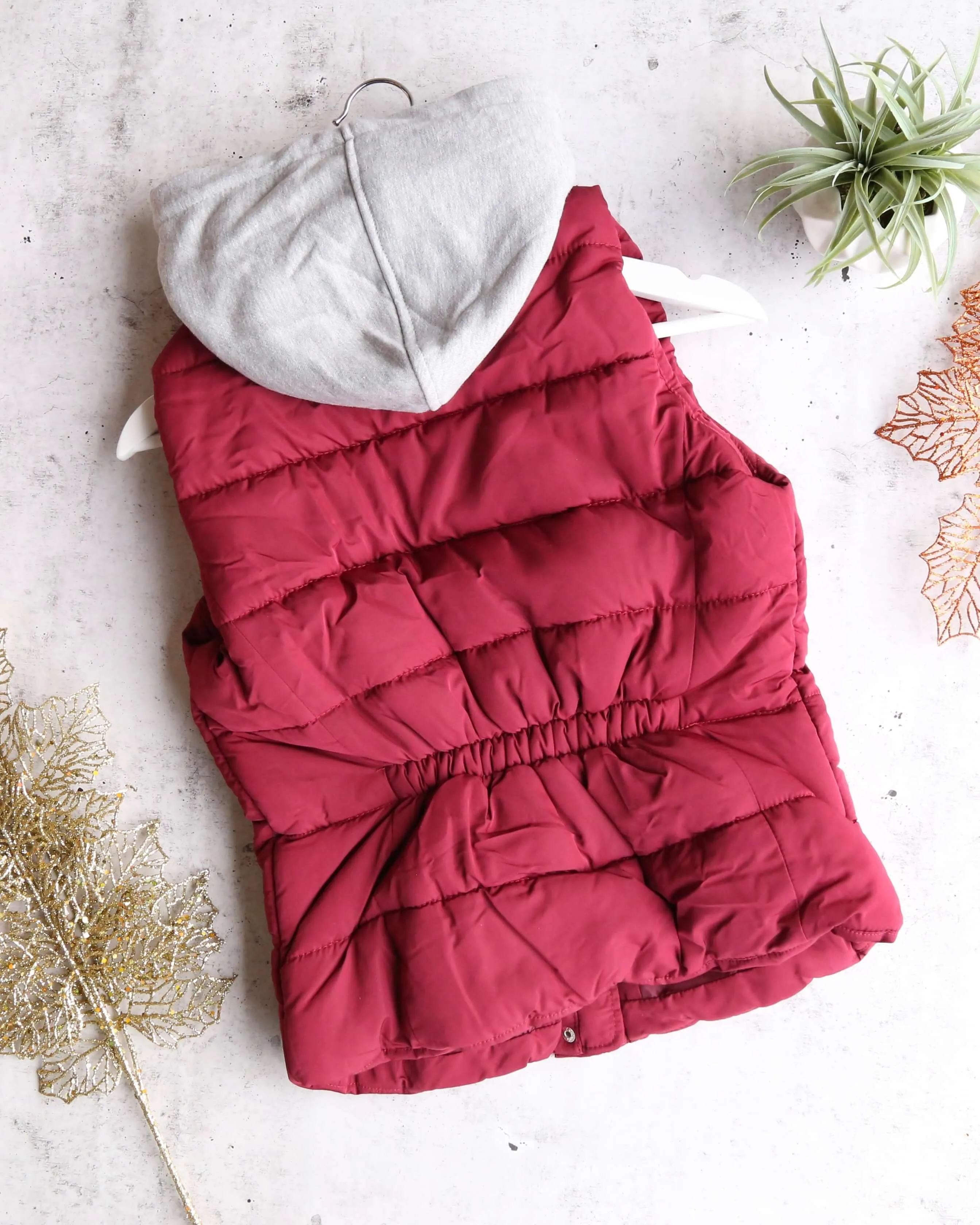 Red Winter Puffer Vest with Hood in Burgundy/Maroon