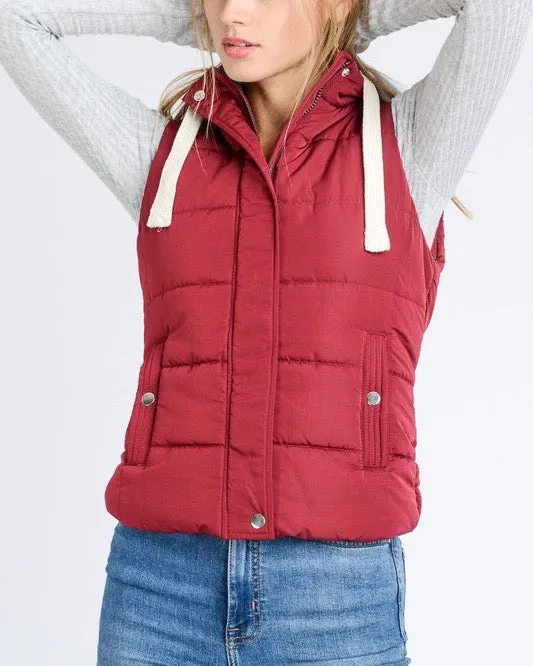 Red Winter Puffer Vest with Hood in Burgundy/Maroon