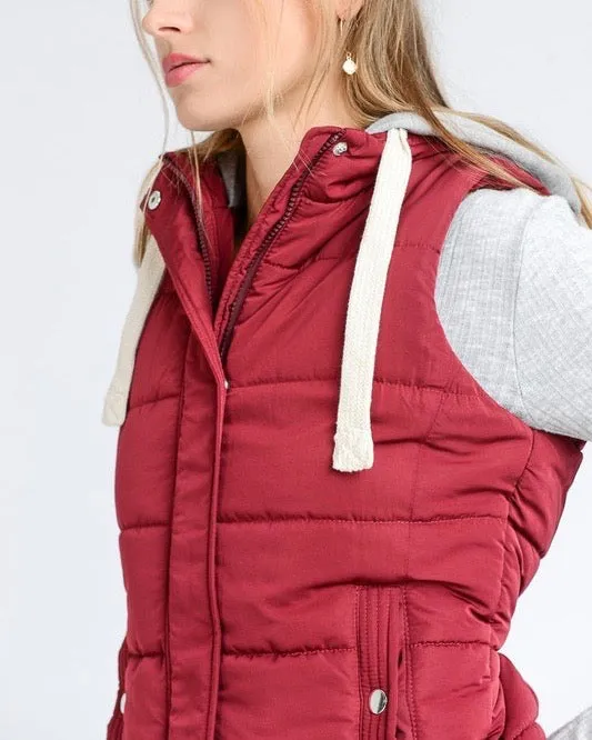 Red Winter Puffer Vest with Hood in Burgundy/Maroon