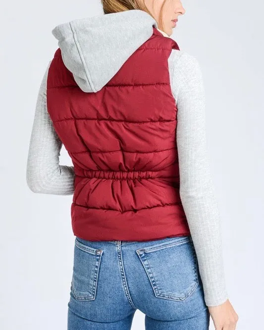 Red Winter Puffer Vest with Hood in Burgundy/Maroon