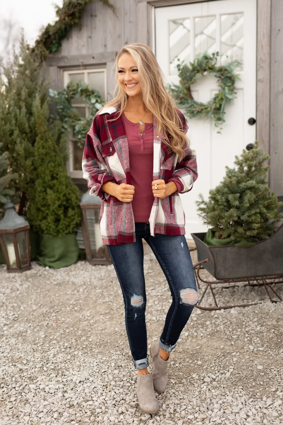 Time For A Change Plaid Flannel Jacket- Wine