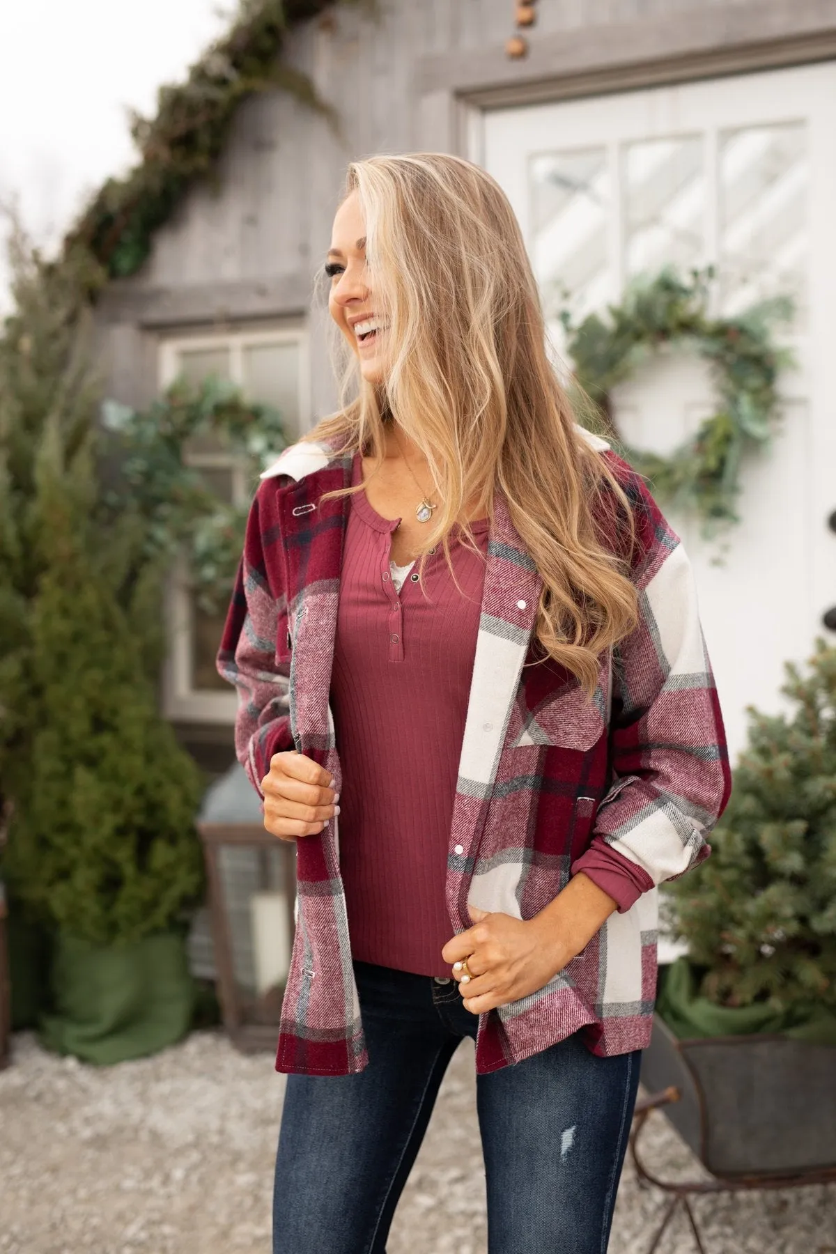 Time For A Change Plaid Flannel Jacket- Wine