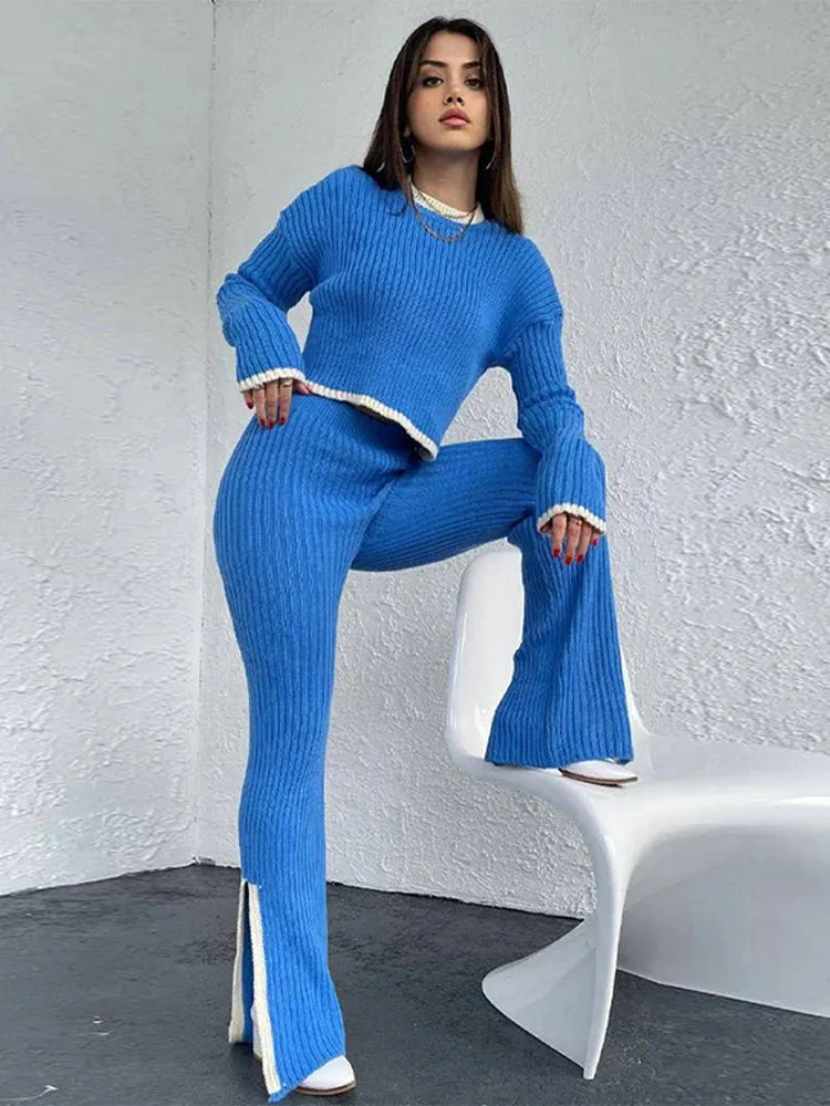 Women Casual Sweater Two Piece Set Female Loose Pullover And High Waist Slit Pants Knitted Suit