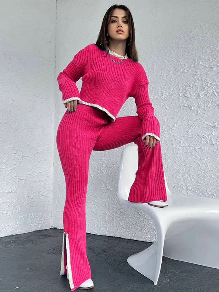 Women Casual Sweater Two Piece Set Female Loose Pullover And High Waist Slit Pants Knitted Suit