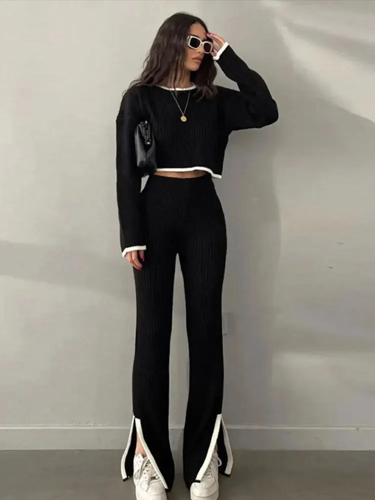 Women Casual Sweater Two Piece Set Female Loose Pullover And High Waist Slit Pants Knitted Suit