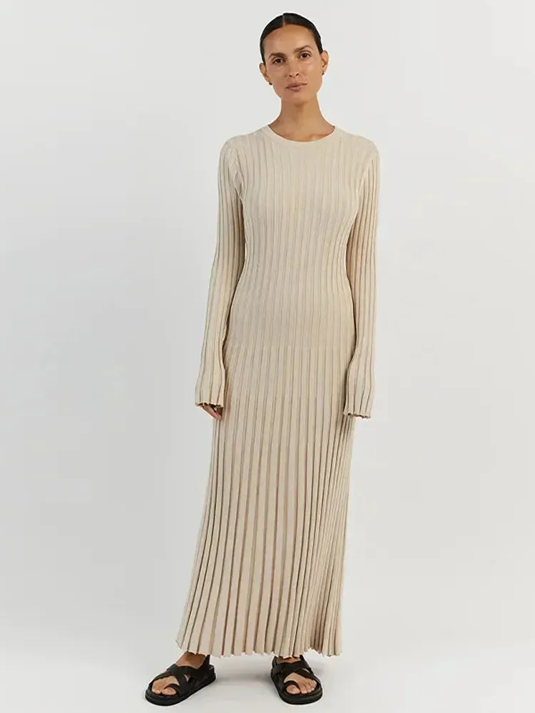 Women Knitted Long Dress Long Sleeve Pleated Dresses Maxi Dress