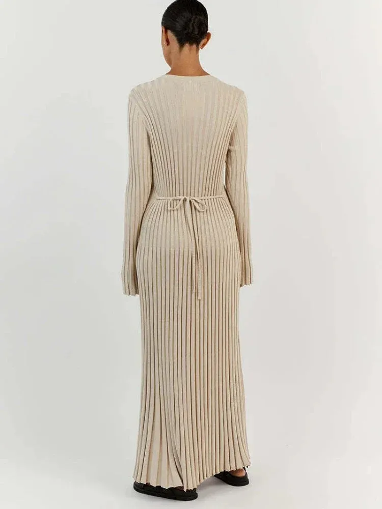 Women Knitted Long Dress Long Sleeve Pleated Dresses Maxi Dress