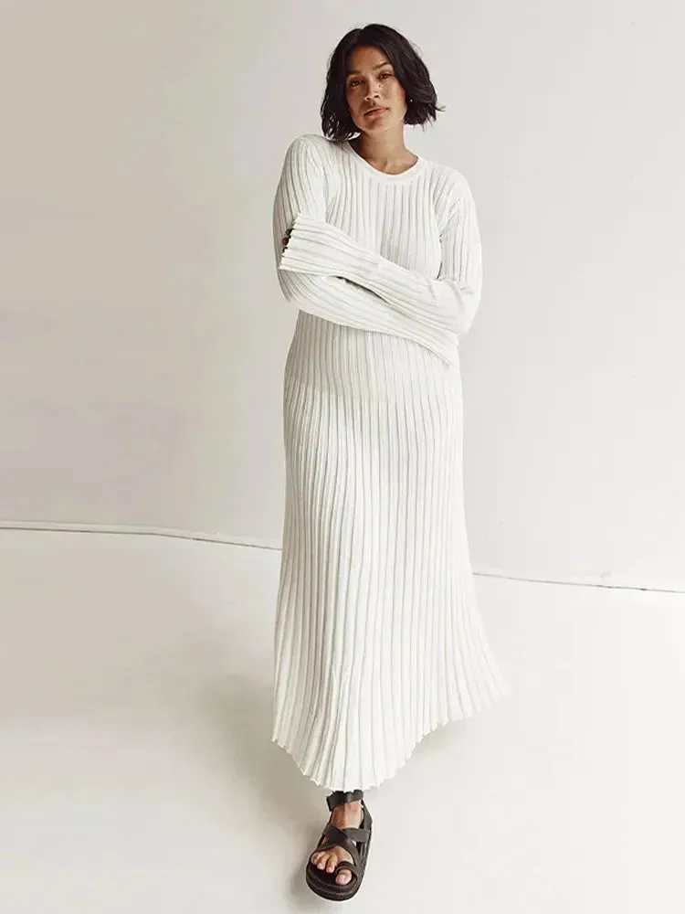 Women Knitted Long Dress Long Sleeve Pleated Dresses Maxi Dress