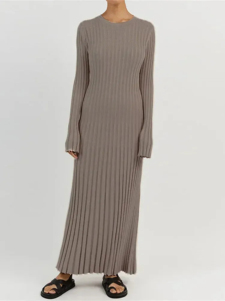 Women Knitted Long Dress Long Sleeve Pleated Dresses Maxi Dress