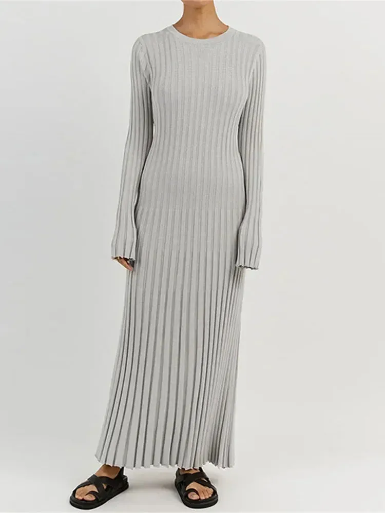 Women Knitted Long Dress Long Sleeve Pleated Dresses Maxi Dress