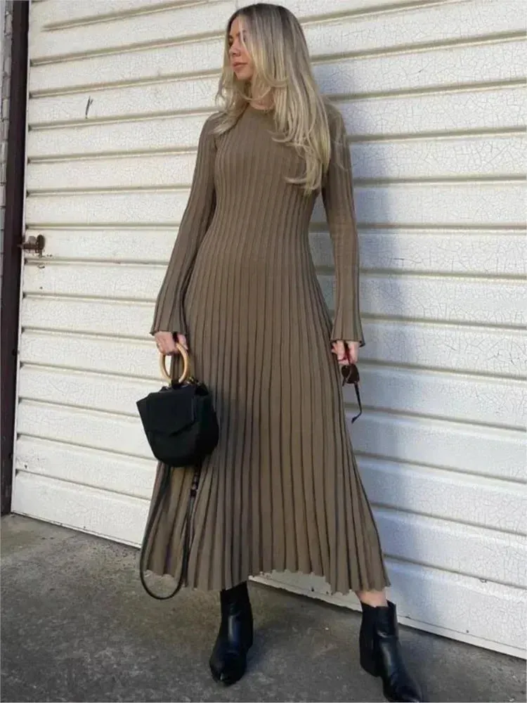 Women Knitted Long Dress Long Sleeve Pleated Dresses Maxi Dress