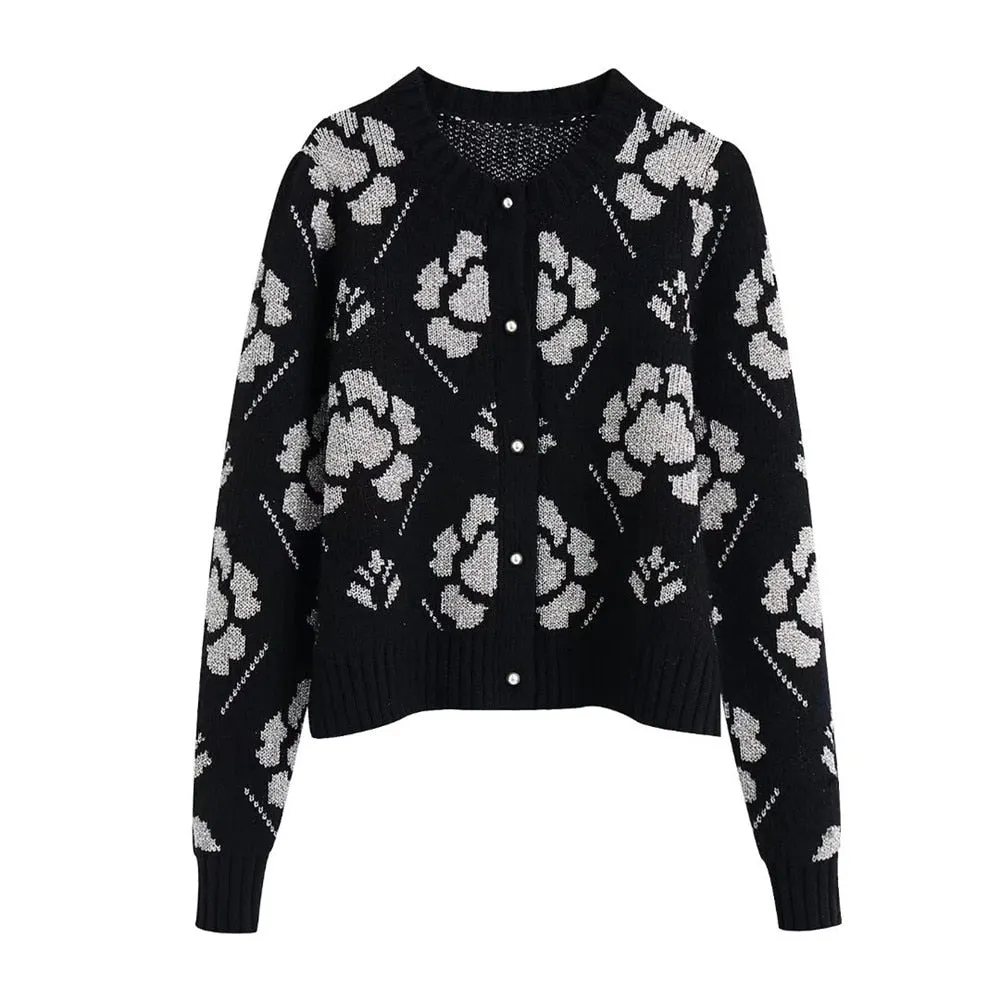 Women Metal Color Thread Floral Pattern Knitted Cardigans Sweater Female Long Sleeve Single Breasted Outerwear Tops