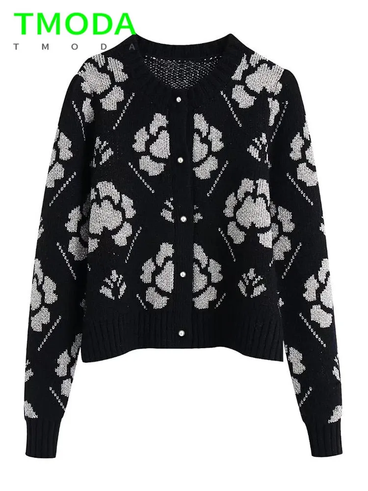 Women Metal Color Thread Floral Pattern Knitted Cardigans Sweater Female Long Sleeve Single Breasted Outerwear Tops